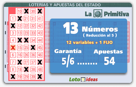 Primitiva - 13 números en reducción al 5 por 54 apuestas (12 + 1 Fijo) Primitiva - 13 números en reducción al 5 por 54 apuestas (12 + 1 Fijo)