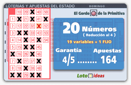 El Gordo de la Primitiva - 20 números (19 + 1 FIJO) en reducción al 4 por 164 apuestas El Gordo de la Primitiva - 20 números (19 + 1 FIJO) en reducción al 4 por 164 apuestas