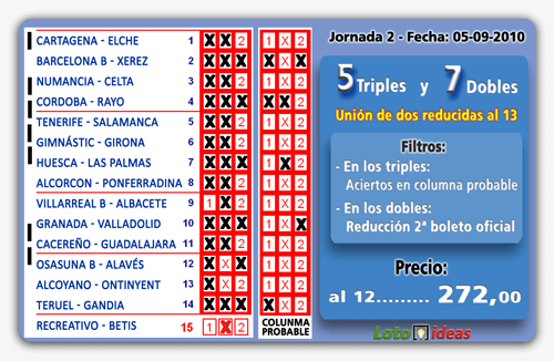 La Quiniela - Combinación reducida de 5 Triples y 7 Dobles por 544 apuestas La Quiniela - Combinación reducida de 5 Triples y 7 Dobles por 544 apuestas