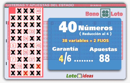 Bonoloto - 40 números (38 + 2 fijos) en reducción al 4 por 88 apuestas Bonoloto - 40 números (38 + 2 fijos) en reducción al 4 por 88 apuestas