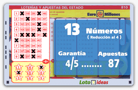 Euromillones - Reducida de 13 números al 4 por 87 apuestas (174 euros) Euromillones - Reducida de 13 números al 4 por 87 apuestas (174 euros)