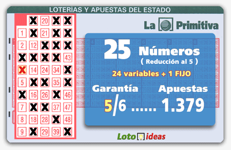 Primitiva - 25 números (24 + 1 fijo) en reducción al 5 por 1379 apuestas Primitiva - 25 números (24 + 1 fijo) en reducción al 5 por 1379 apuestas