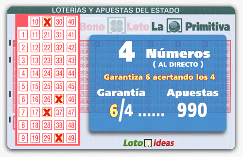 Combinación de 4 números al directo por 990 apuestas. Garantía 6 si 4