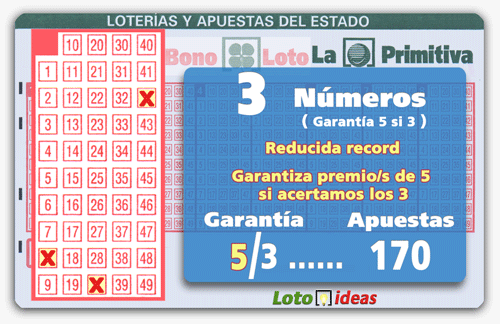 Reducida record de 3 números por 170 apuestas. Garantiza premio/s de 5 si se aciertan los 3 números elegidos