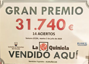 La Quiniela - Premio de 14 aciertos - 2 julio 2024 La Quiniela - Premio de 14 aciertos - 2 Julio 2024