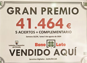 Bonoloto - Premio de 5 aciertos + Complemtario - 5 Agosto 2024 Bonoloto - Premio de 5 aciertos + Complemtario - 5 Agosto 2024