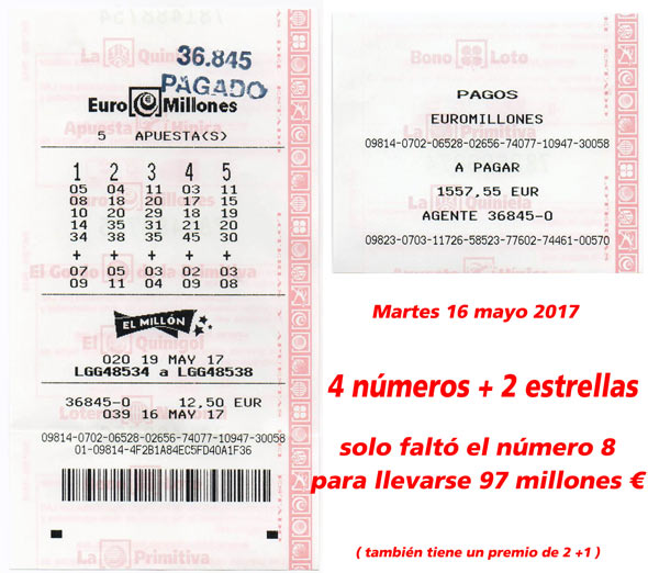 Euromillones - Premio de 4 números + 2 estrellas - 16 Mayo 2017 Euromillones - Premio de 4 números + 2 estrellas - 16 Mayo 2017