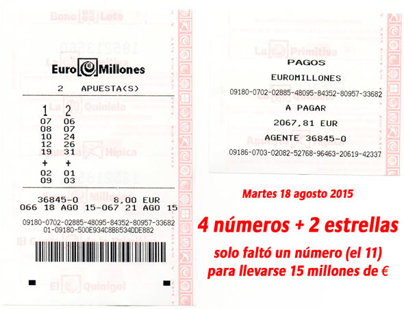 Euromillones - Premio de 4 números + 2 estrellas - 18 Agosto 2015 Euromillones - Premio de 4 números + 2 estrellas - 18 Agosto 2015